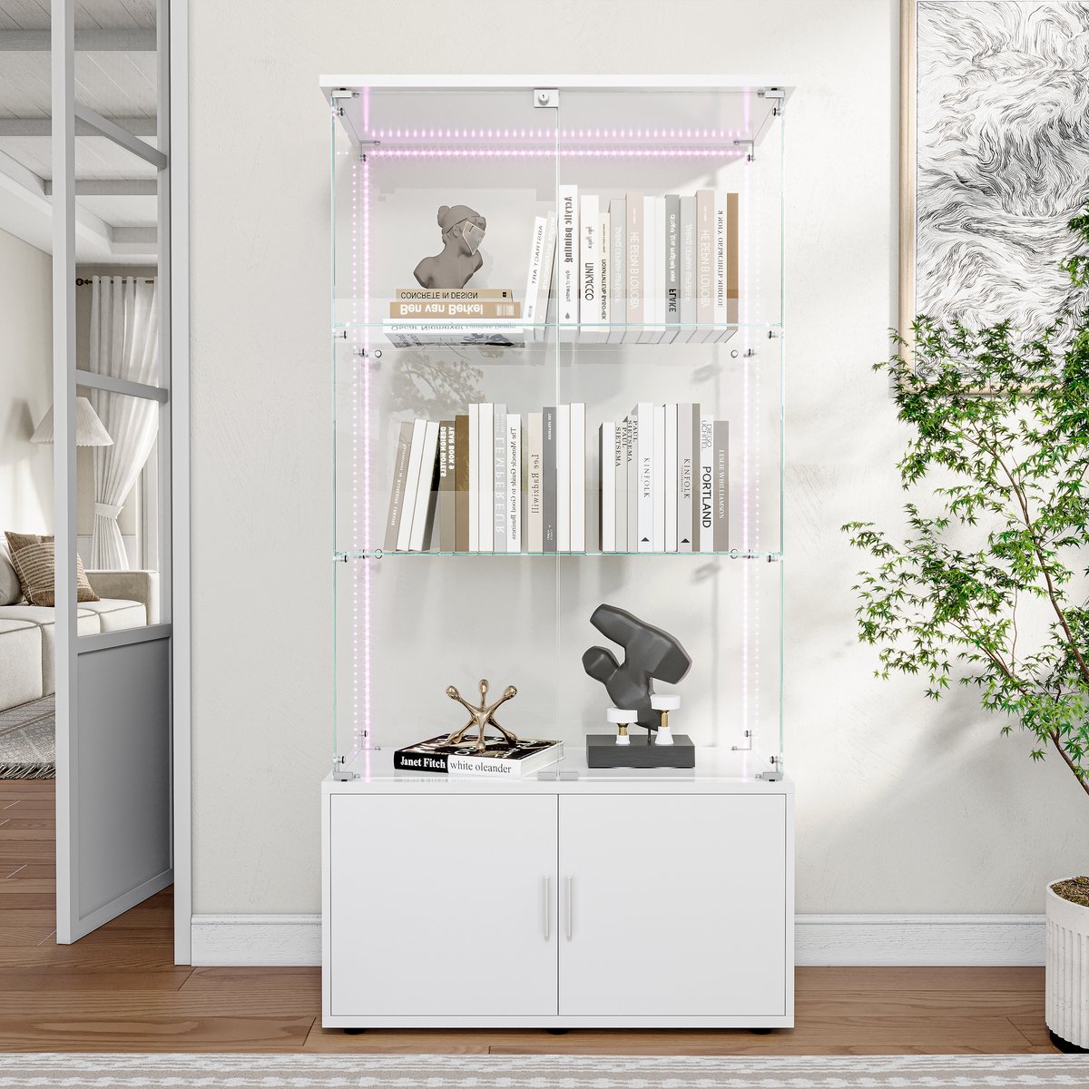 Vitrinekast met LED Strip – Wit Glazen Display Kast met Slot – 3 Laags Showcase Kast met O