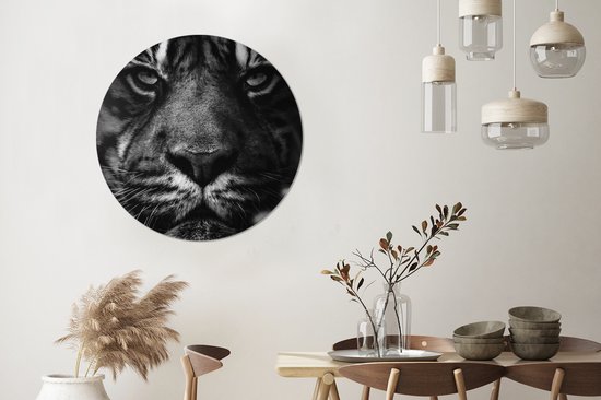 WallCircle - Cercle Mural - Cercle Mural - Animaux - Tigre - Sauvage - Zwart - Wit - Aluminium - Dibond - 90x90 cm - Intérieur et Extérieur
