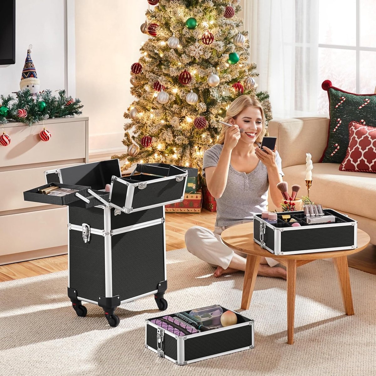 Cosmeticakoffer Trolley met Wielen - 4-in-1 Beauty Case - Afneembare Make-up Koffer met Telescopische Handgreep - Aluminium Cosmetica Organizer voor Visagisten, Nagelstyliste en Kappers - Zwart