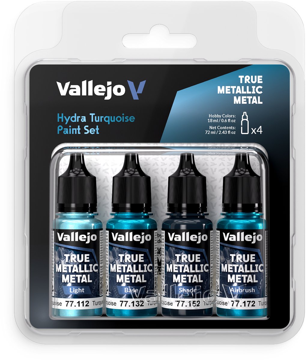Vallejo Hobbyverf Acrylverf - 77264 True Metallic Metal - Hydra Turkoois - Acryl Set 4x Verf set - 4x 18 ml
