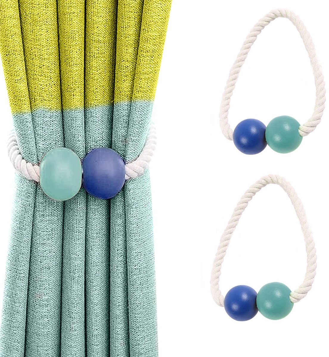 Gordijn Tiebacks, Gordijn Tiebacks, Houten Venster Drape Holdbacks Gordijn Clips voor Thuis, Dorm, Kantoor, Hotel Venster Decoratief, (Blauw Groen) Splend