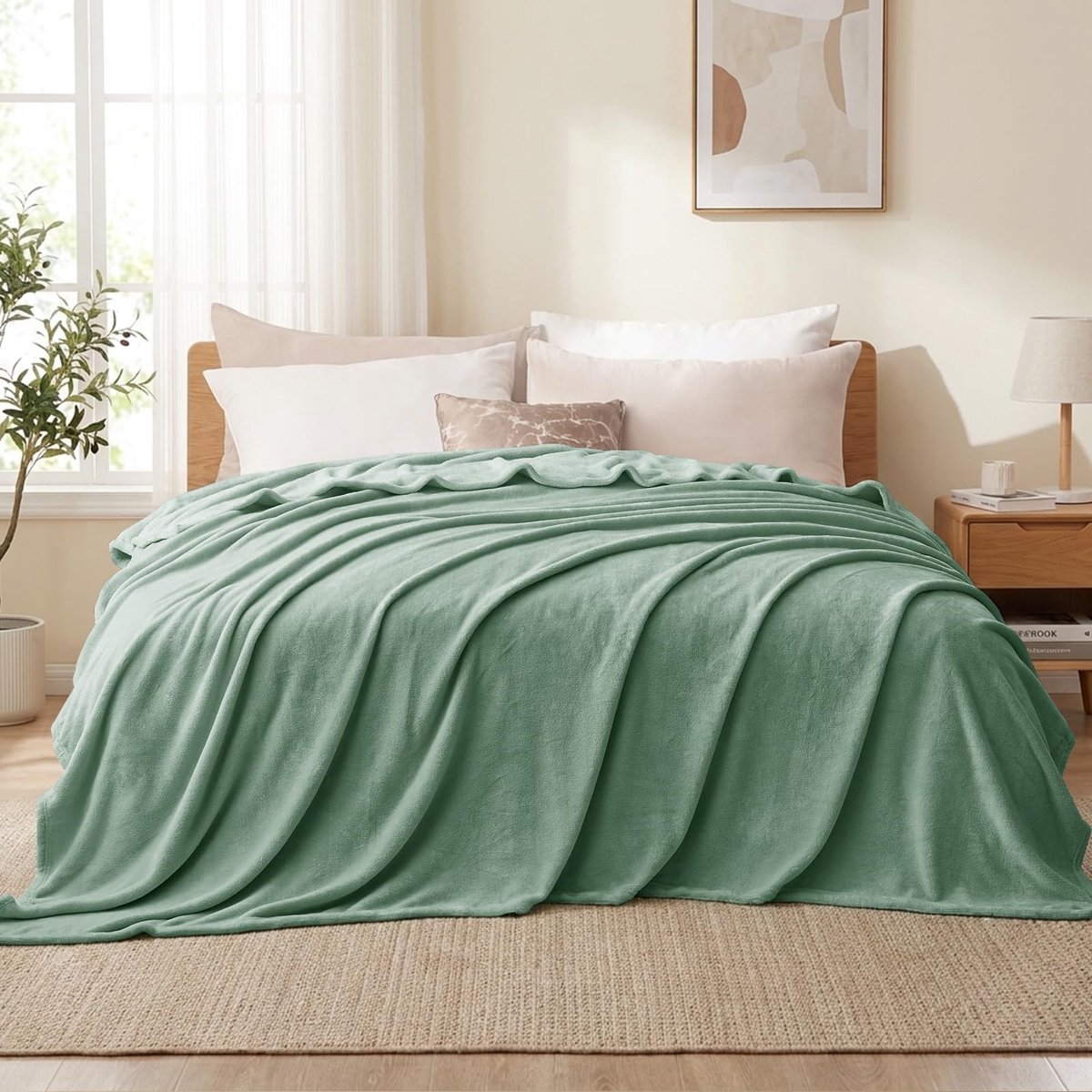 Knuffeldeken, pluizige deken, groen, fleecedeken, 220 x 240 cm, XXL, grote warme bankdeken, behaaglijke woondeken, saliegroen, zacht als bankovertrek, deken, bankdeken, bed voor de winter