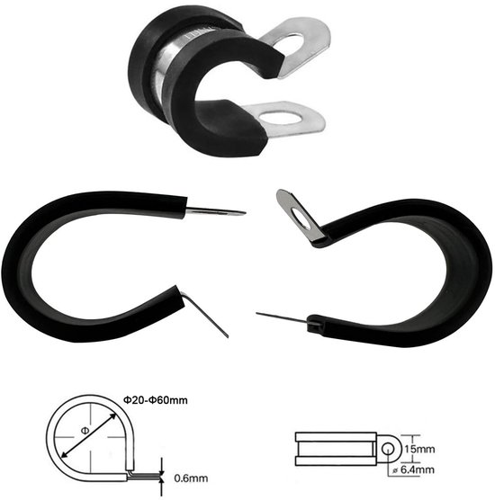 10 stuks 40 mm kabelklemmen, rubber, P-clips, slangklemmen, buisklemmen, kabelklemmen, roestvrij stalen kit, metaaldraad, kabelklemmen, kit — afbeelding 2