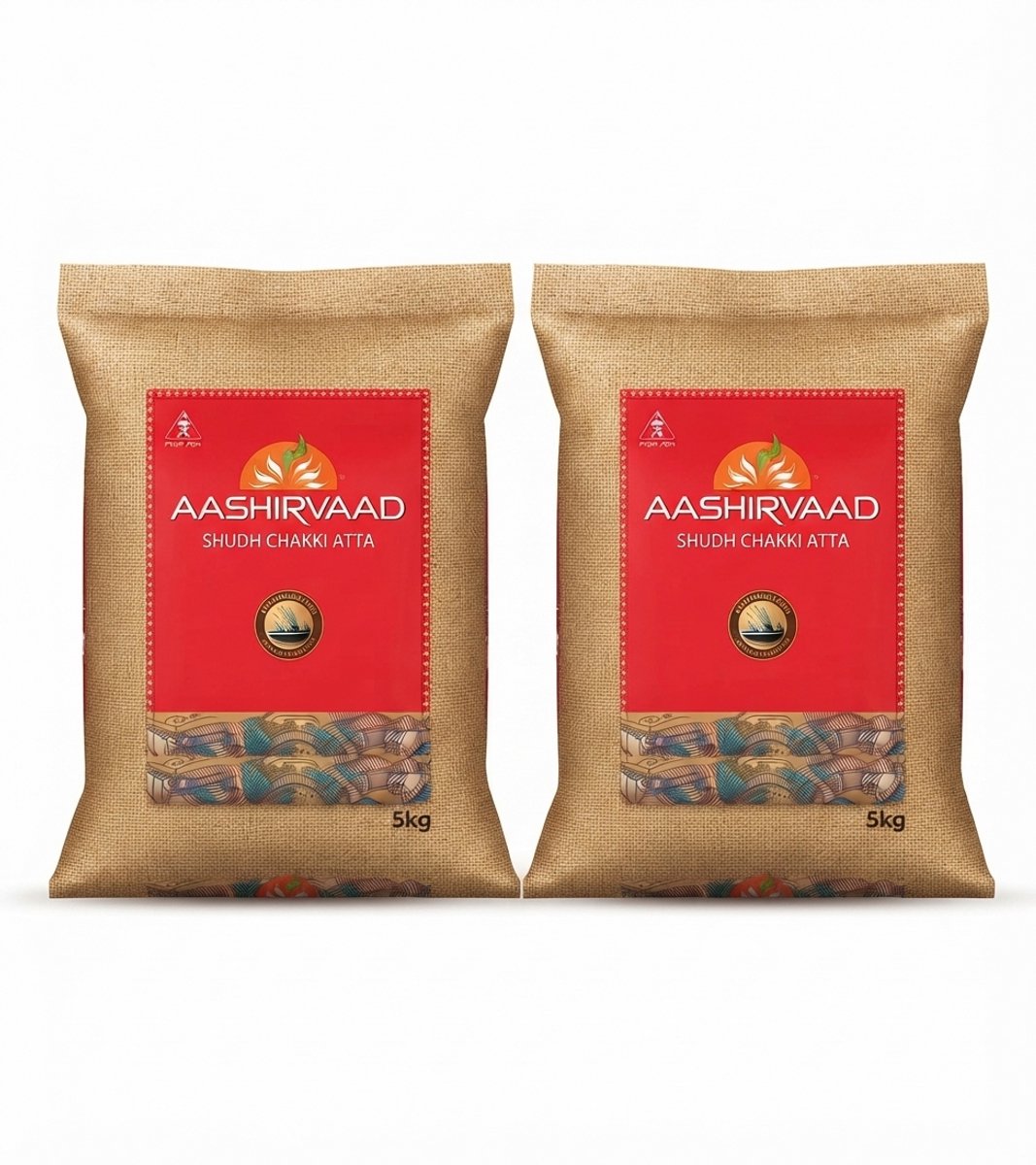 Aashirvaad Atta – 100% Indiaas Volkorenmeel voor Authentieke Chapati’s – Premium Kwaliteit Chakki Atta – 2 X 5kg Verpakking, Natuurlijk Indiaas Chakki Chapatti Meel – Ideaal voor Zachte Roti’s en Verse Volkoren Broodjes Met Kajal Sticker