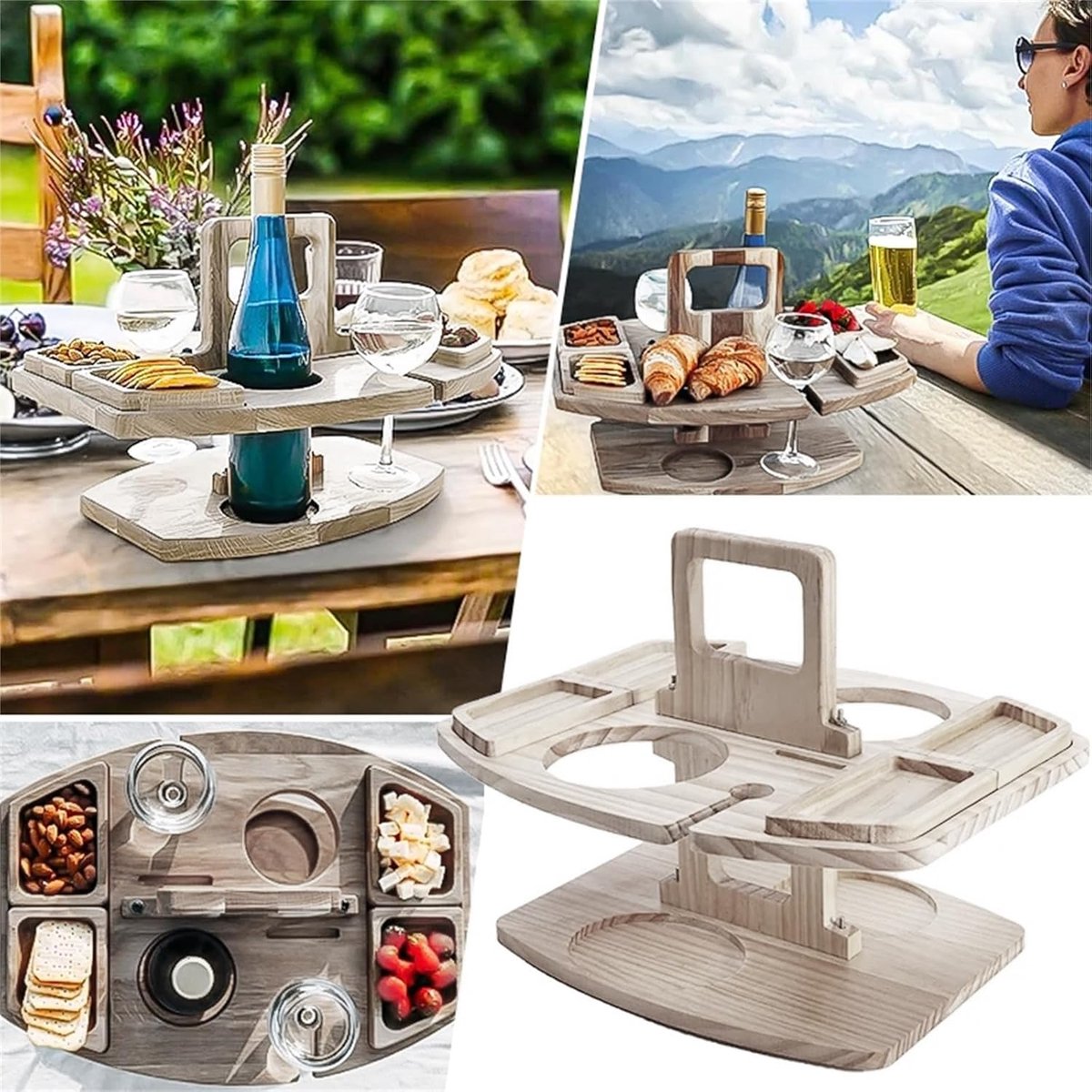 Picknick wijntafel, klaptabel voor picknick met houder voor rode wijnglas, houten mini snack dienblad, draagbare outdoor picknicktafel voor picknick, camping, strand — cadeau in Kookcadeaus - foto 3
