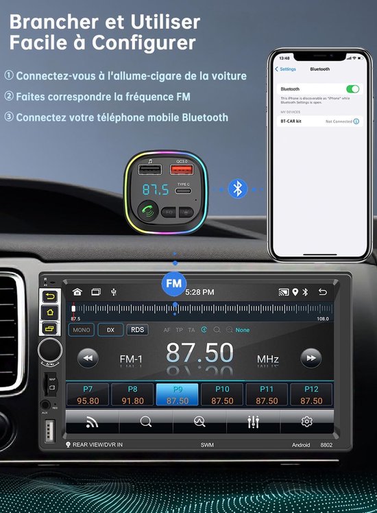 Bluetooth Transmitter - Fm Transmitter - met Handsfree Bellen - snel opladen - Plug and play - BT 5.3 - Carkit - Waterdicht en aardbevingsbestendig - Ruisonderdrukkingsfunctie - Bluetooth Auto - FM-frequentiebereik：87.5-108MHzt - 5x5x7.5cm - zwart — afbeelding 5