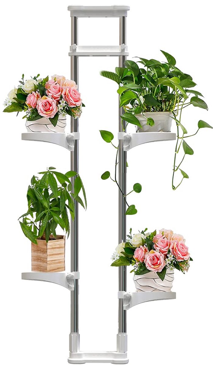 Telescopische Bloemenrek Plantenrek van Metaal en Plastic Planten Pothouder met 4 Planken, Hoogte Verstelbaar 92 tot 160 cm, voor Vensterbank Binnen Woonkamer Slaapkamer, ivoor
