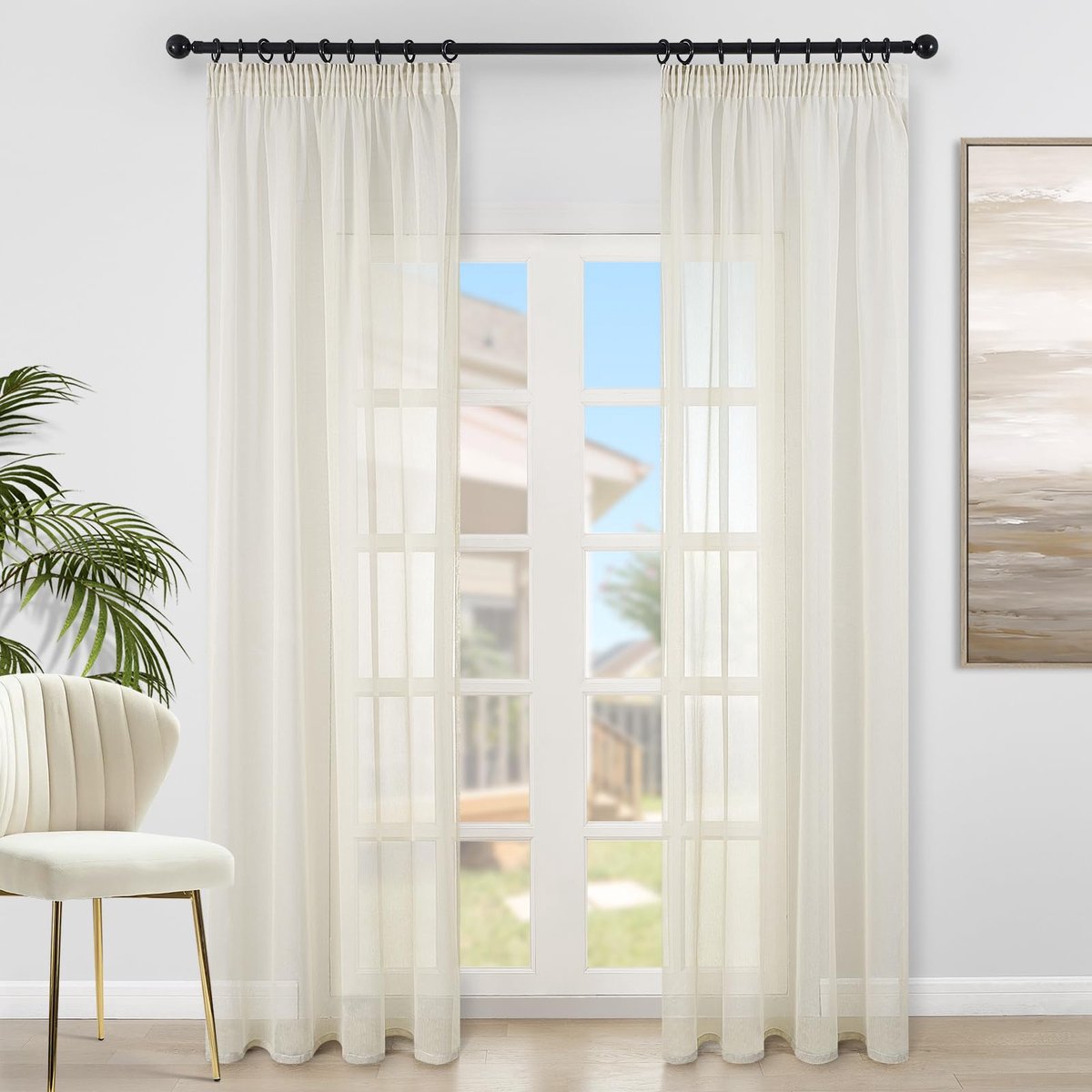 Set van 2 gordijnen, met plooiband, gordijnen, transparant, voor woonkamer, slaapkamer, raamgordijn, 140 x 240 cm (b x h), beige