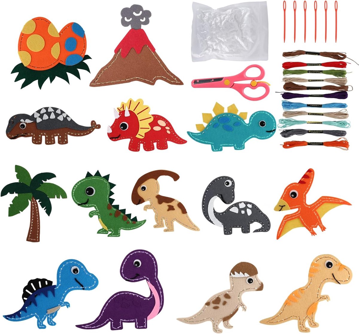 14 stuks naaiset voor kinderen, dino-knutselset, knutselset voor kinderen vanaf 6 jaar, doe-het-zelf vilten starterset met viltdieren en accessoires, vilten bosdieren, knutselset, naaien
