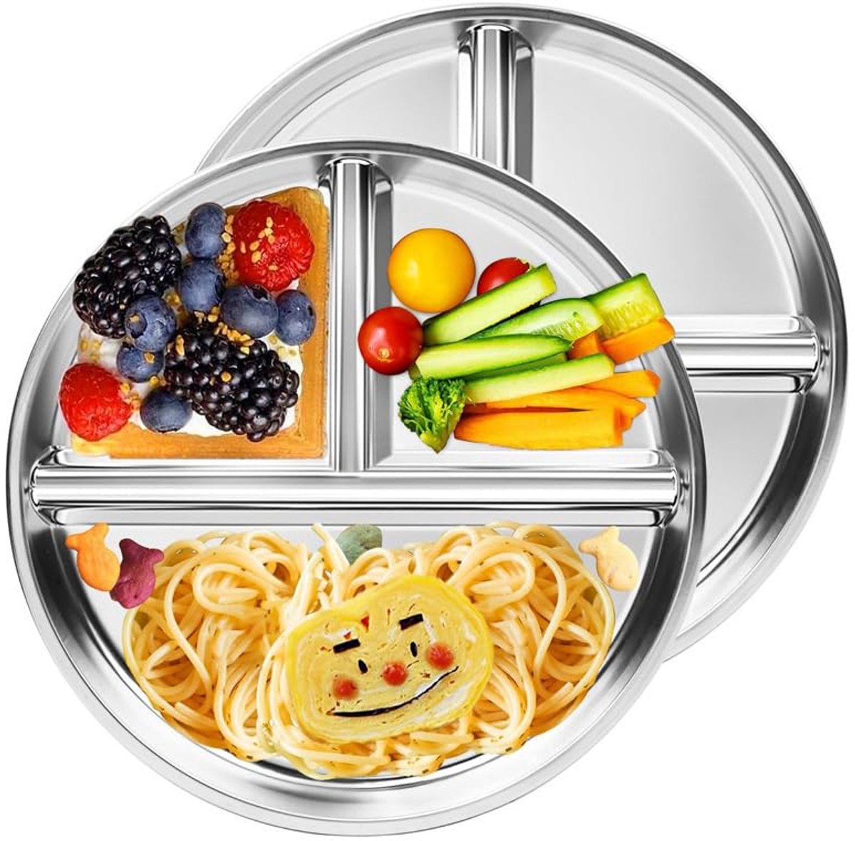 304 roestvrijstalen dinerborden 2 stuks, 9,05 inch ronde bedieningsplaat verdeelde platen, ideaal voor kinderen, volwassenen, lunchlade, campingvoedsellade vaatwasmachinebestendig (2)