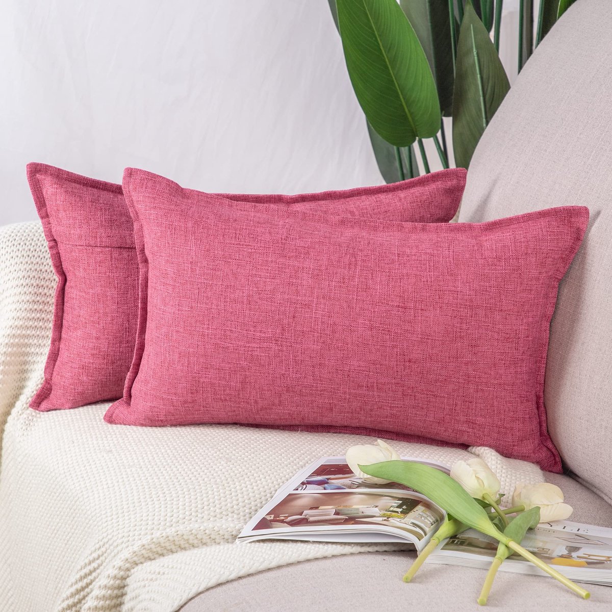 Set van 2 Imitatielinnen kussenslopen Zachte Decoratieve Kussenhoes voor Sofa Slaapkamer Kussensloop 30x50 cm Roze