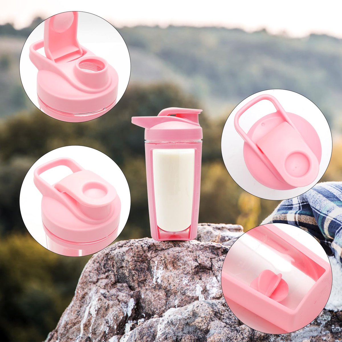 set van 2 met mixbal, BPA-vrij, dubbellaagse shake-beker 500 ml met schaal en deksel, lekvrije sportdrinkfles voor fitness, dieet, mannen en vrouwen (blauw en roze)