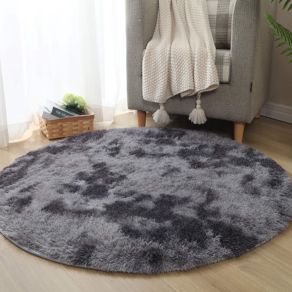 Tapijt, woonkamer, nachtkastje, slaapkamer, huishoudtapijt, modern pluche tapijt, geschikt voor interieurdecoratie (grijs/zwart, diameter 100 cm)