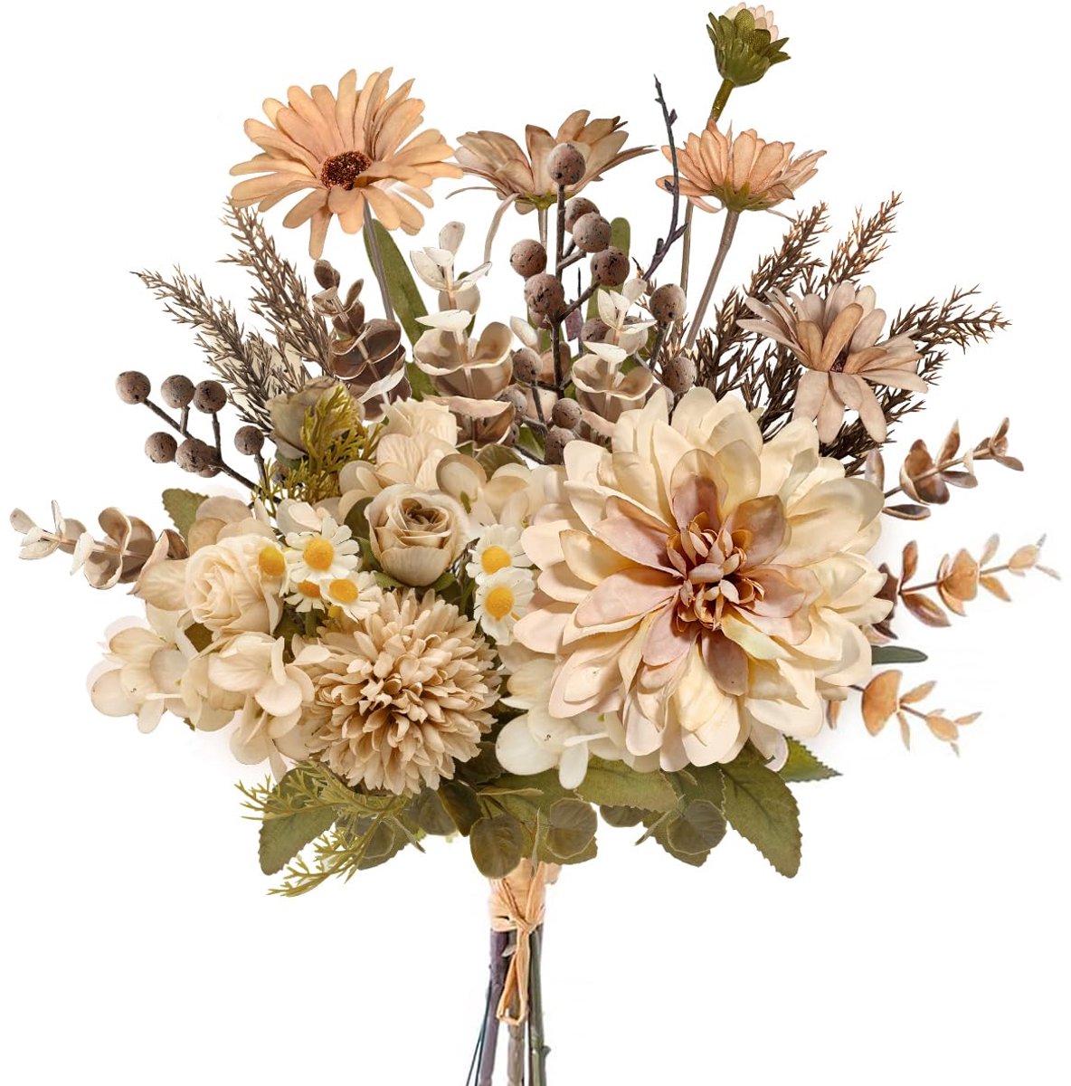 Zijden tafelarrangementen faux plastic bloemen centerpieces voor thuis met rozen, paardebloemen, madeliefjes, hortensia, eucalyptus, chrysanten en Hollyberries