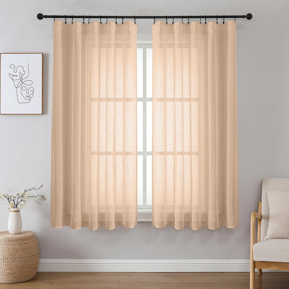 Gordijnen met linnenlook en plooiband, 2 stuks B 140 x H 160 cm, Semi-transparante panelen voor railsystemen, ideaal voor slaapkamers en woonkamers, oudroze