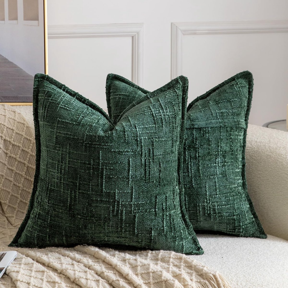 Set van 2 Chenille Kussenslopen Zachte Neutrale Decoratieve Kussens voor Sofa Boho Accent Kussensloop Covers voor Slaapkamer Woonkamer 50x50 cm Groen