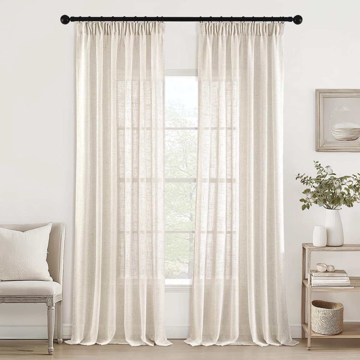 Gordijnen met plooiband, voile gordijn, modern, linnenlook, half-transparant, voor woonkamer, slaapkamer, schuifgordijn, set van 2 stuks, naturel, linnen, wit, 175 x 140 cm