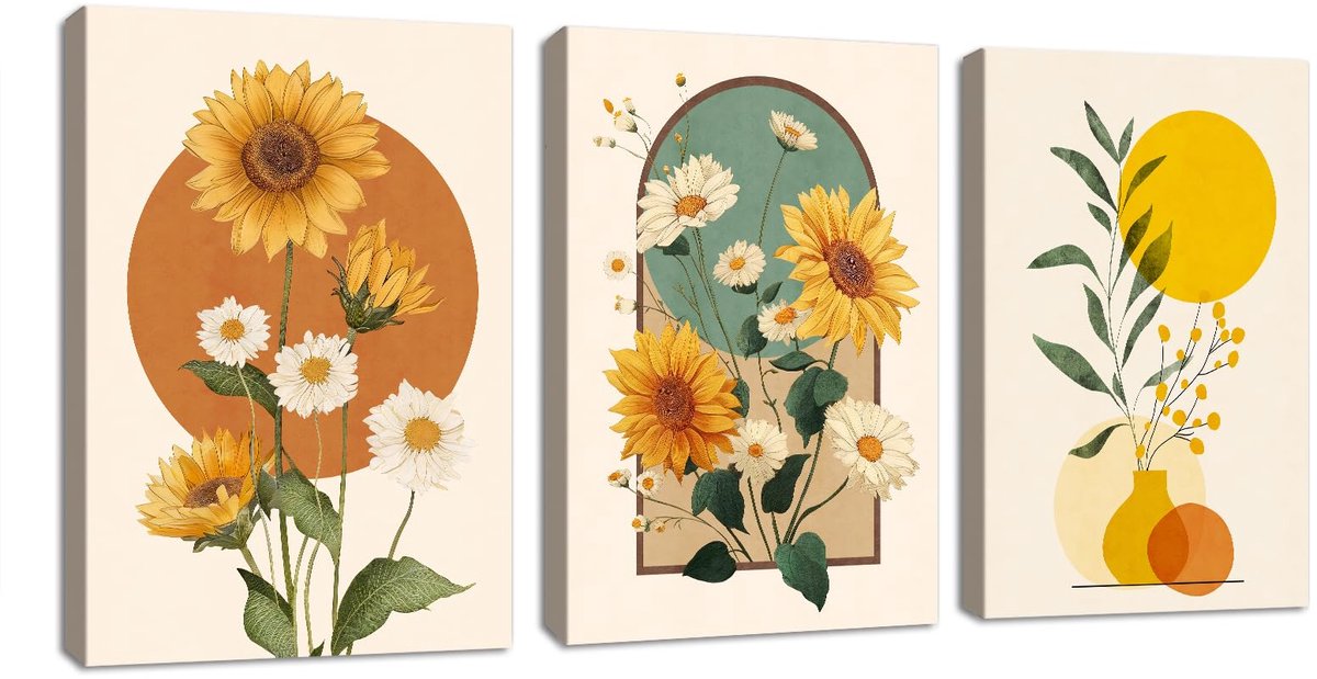 3 stuks boho oranje gele zonnebloemen canvas foto's met lijst, natuur botanische bloemen foto op canvas afbeelding slaapkamer geelgroen bloemblad wandafbeeldingen wanddecoratie voor woonkamer kantoor