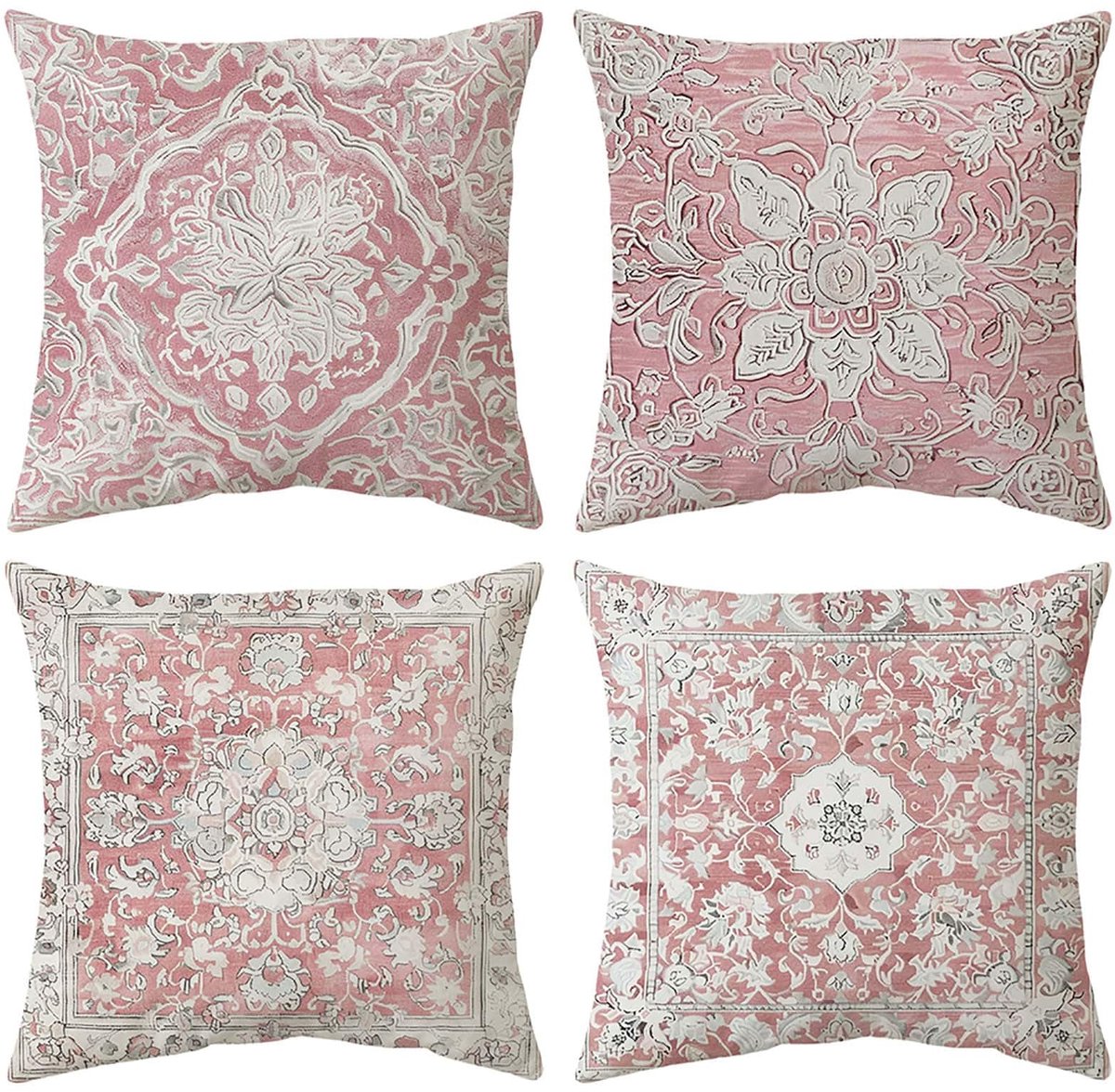 Kussenslopen Roze 45x45cm Set van 4, Zachte Fluwelen Boheemse Decoratieve Decor Vierkante Gooien Kussenslopen, Vintage Exotisch Kilim Patroon Bloemig voor Thuis Bank Bed Bank Buiten
