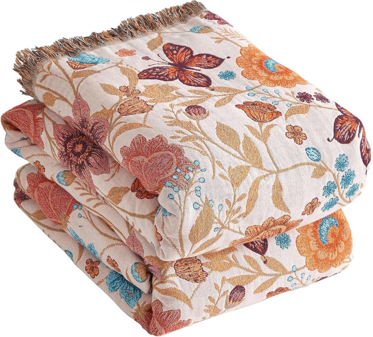 Premium boho-sprei, 100% katoen, knuffeldeken met franjes, dubbelzijdige mousseline, boho-deken, 200 x 230 cm, behaaglijke bankdeken en bedsprei, zomerdeken voor woonkamer, wit/marineblauw
