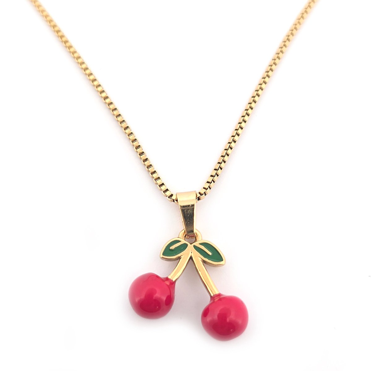 Goudkleurige gold plated 45 cm stalen damesketting met hanger kersen rood en groen cherry