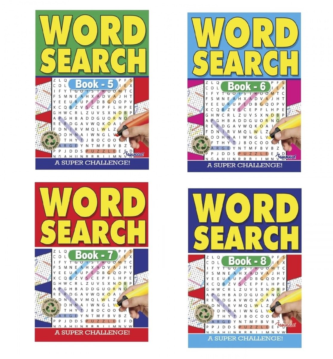 Dailygoods- Woordzoekpuzzel Mega Grote Print A4 - Set van 4 - Unieke Ontwerpen - Puzzels voor Volwassenen - Stimulerende Activiteit - Toegankelijk en Leesbaar - Puzzelboek
