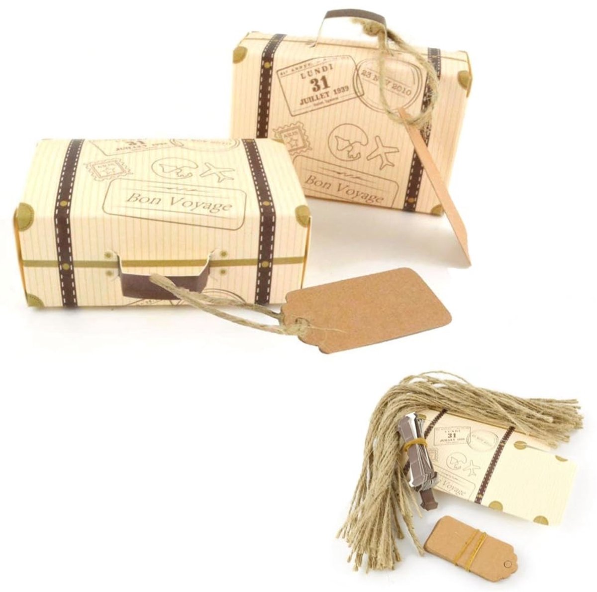 Dailygoods- Geschenkdoosjes 50 stuks - Mini-koffers - Papieren Dozen - Snoepdoos - Vintage - Afmetingen 8 x 3 x 5 cm