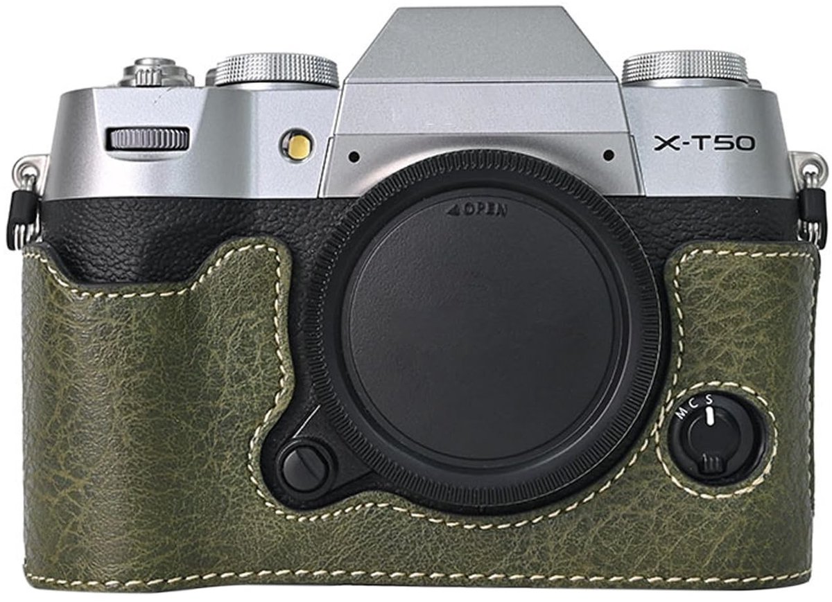 Dailygoods - VOVMOEYA Cameratas voor FUJIFILM X-T50 spiegelloze digitale camera, Fuji XT50 halve hoes met zachte microfiber binnenkant, functioneert goed met 1/4"-20 draadgat retro PU leer litchi stria-matcha