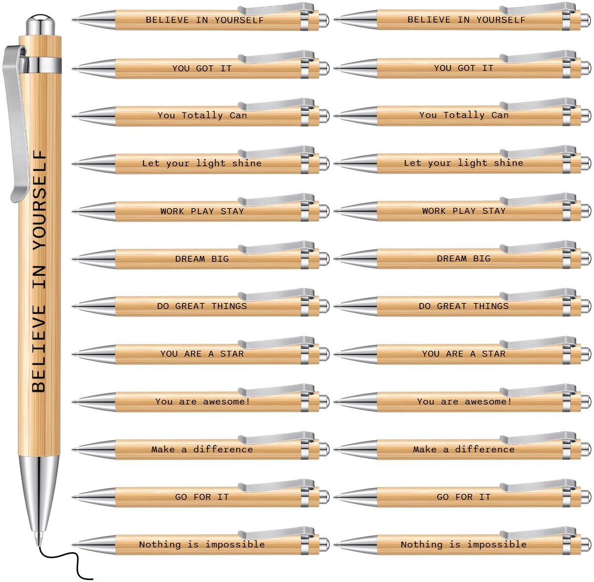 Dailygoods- Balpen 24 Stuks - Inspirerende Houten Pennen - Motivatiepennen met Spreuk - Afscheidscadeau - Bedankje - Kantoor Gebruik - Schrijfpennen