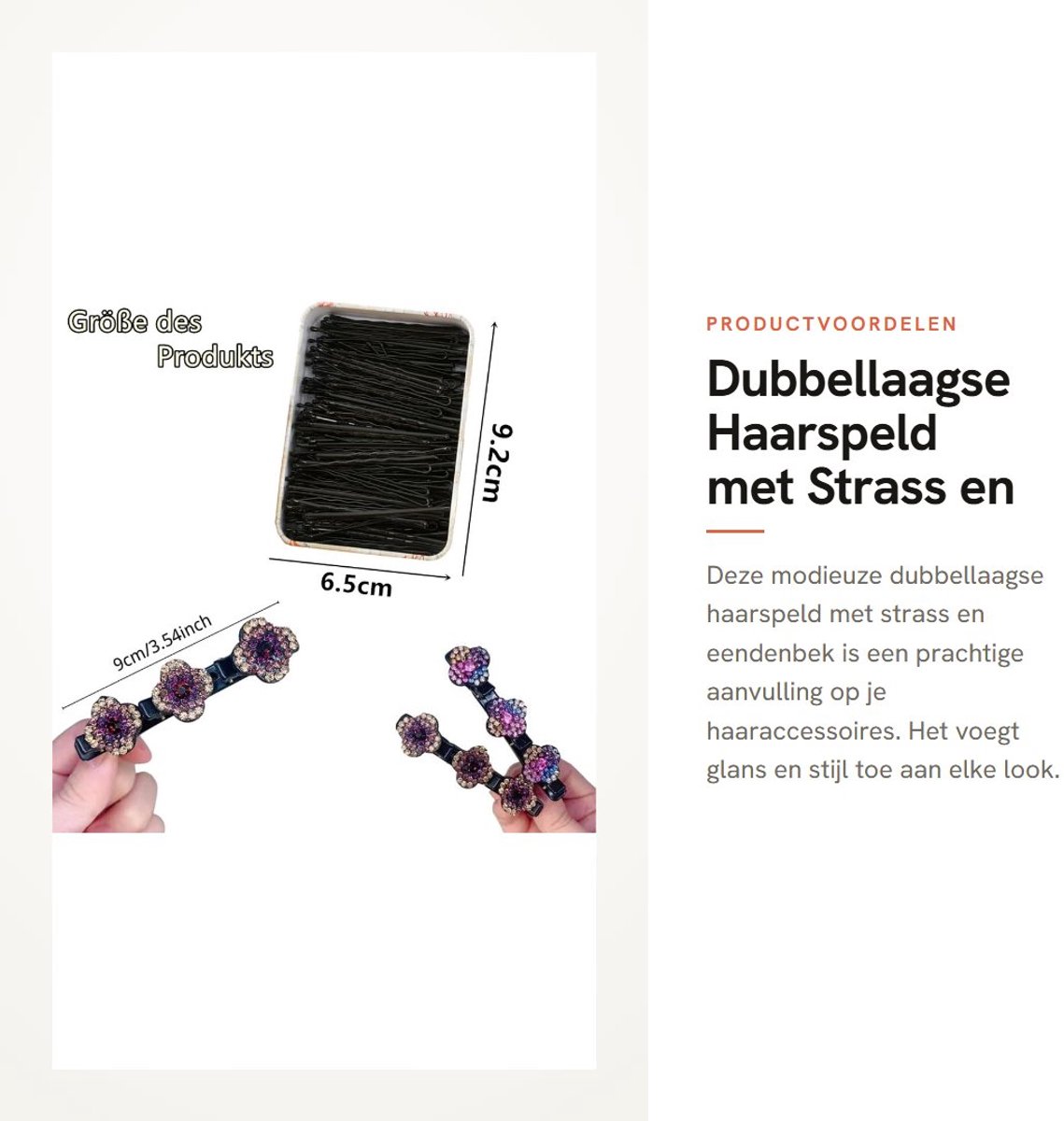 Dailygoods- Haarspeld Dubbellaags - Eendenbek Haarspeld - Strass Haarspeld - Mini Haarspelden - 9 cm - Modieuze Styling - Haarclip