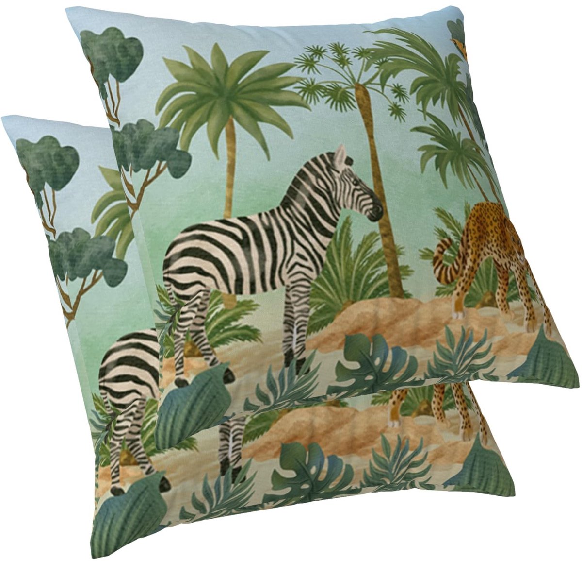 Dailygoods- Kussenslopen set van 2 - Jungledieren/luipaard - Tropische palmboom - Aquarel - 50 x 50 cm - Milieuvriendelijk materiaal - Kussenhoezen