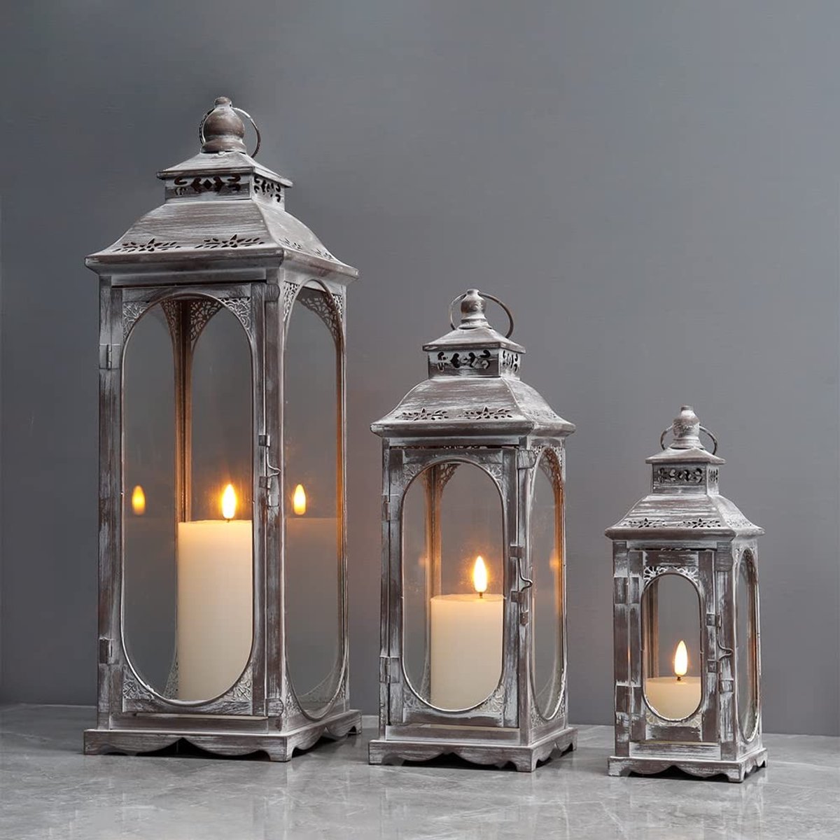 Dailygoods- Kaarsenlantaarn Set van 3 - Decoratieve Lantaarn voor Binnen/Buiten - Roestvrij Staal - Versterkt Glas - Vintage Ontwerp - Creëer Warm Licht