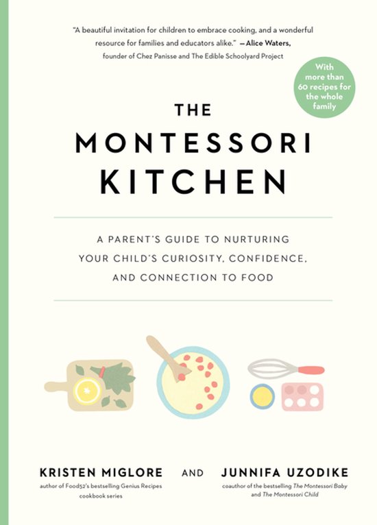 Boek "The Montessori Kitchen" met illustraties van kookgerei en tekst.