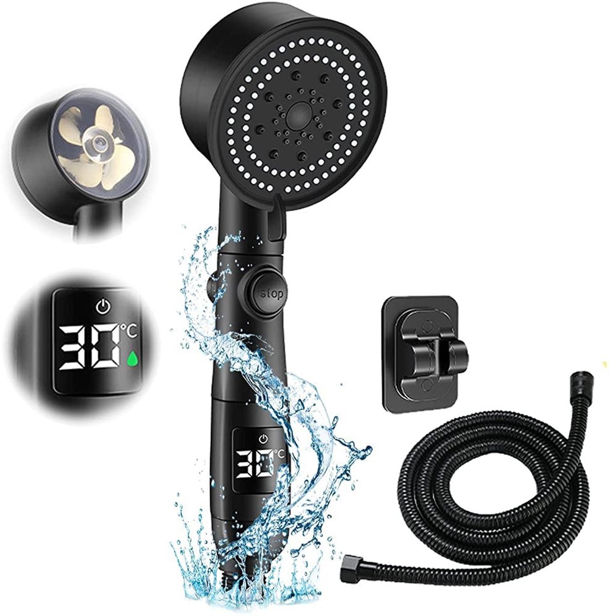 Dailygoods- Douchekop Hoge Druk - 5 Spraymodi - Douchekop met Slang - Waterbesparend - Ronde Douchefunctie - Digitale Temperatuurweergave - Handdouche