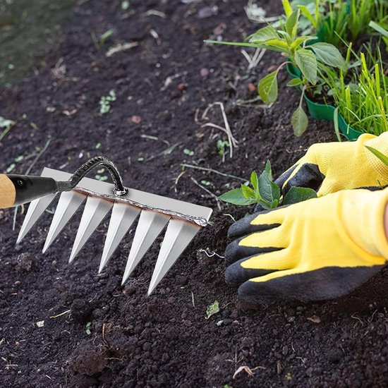 Tuinhark Zwaar Uitgevoerd, Traditionele Ijzeren Tuinhark Tuingereedschap Metalen Koolstofstalen Hark voor Wieden/Losmaken/Zaaien 6 Getande Staal (Zonder Steel) — afbeelding 4
