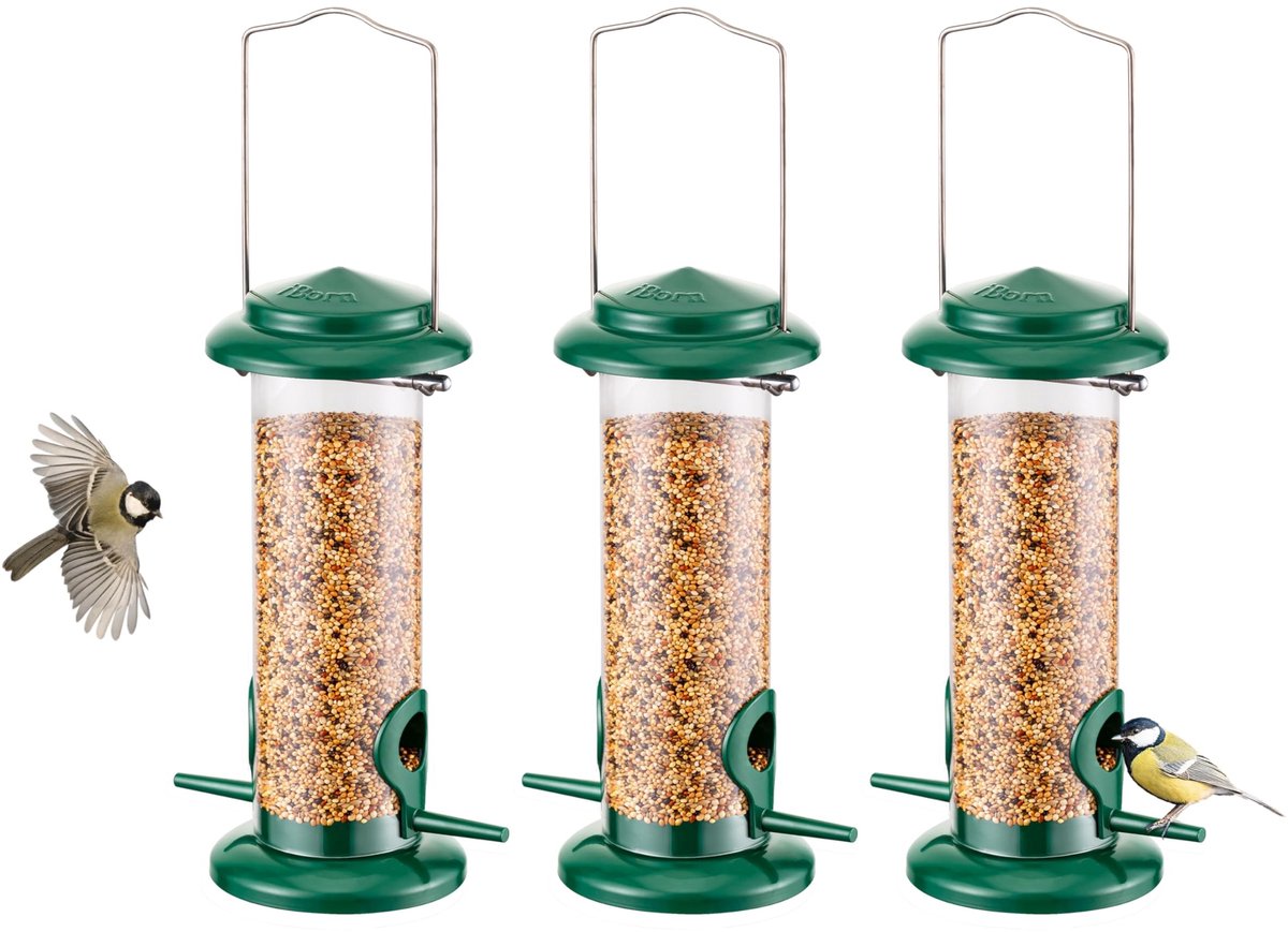 Dailygoods - iBorn Metalen vogelvoeders opknoping vogelvoeder voor kleine vogels voor tuin buiten, set van 3 zaadvoeders, alle metalen gelakt, roestbestendig, groen