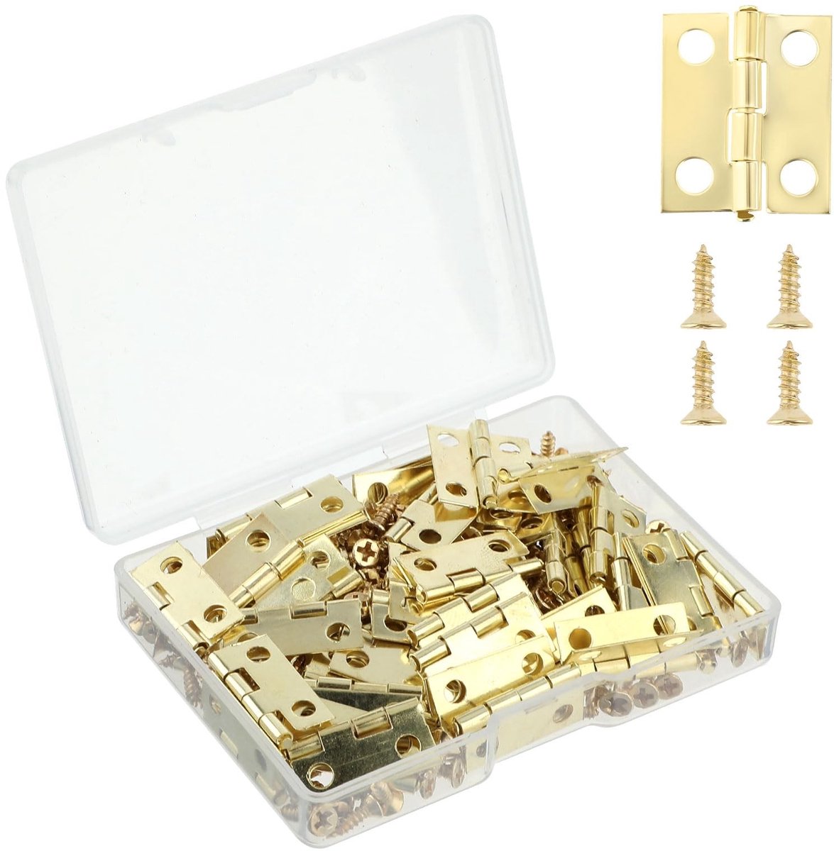 Dailygoods- Scharnieren 50 Stuks - Kleine/mini Scharnieren - Gouden Scharnieren - Houten Doos - Ambachten - Inclusief 200 Schroeven - Mini Scharnier