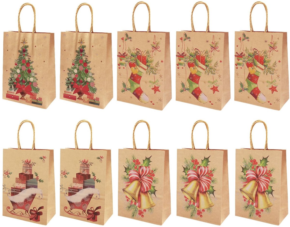 Dailygoods - 10 stuks kerst kraft geschenkzakjes, kerstpapieren zakjes, kerstgeschenkzakjes met hengsel, kerstgeschenkzakjes voor het verpakken van cadeaus, feestartikelen (21x15x8 cm) A