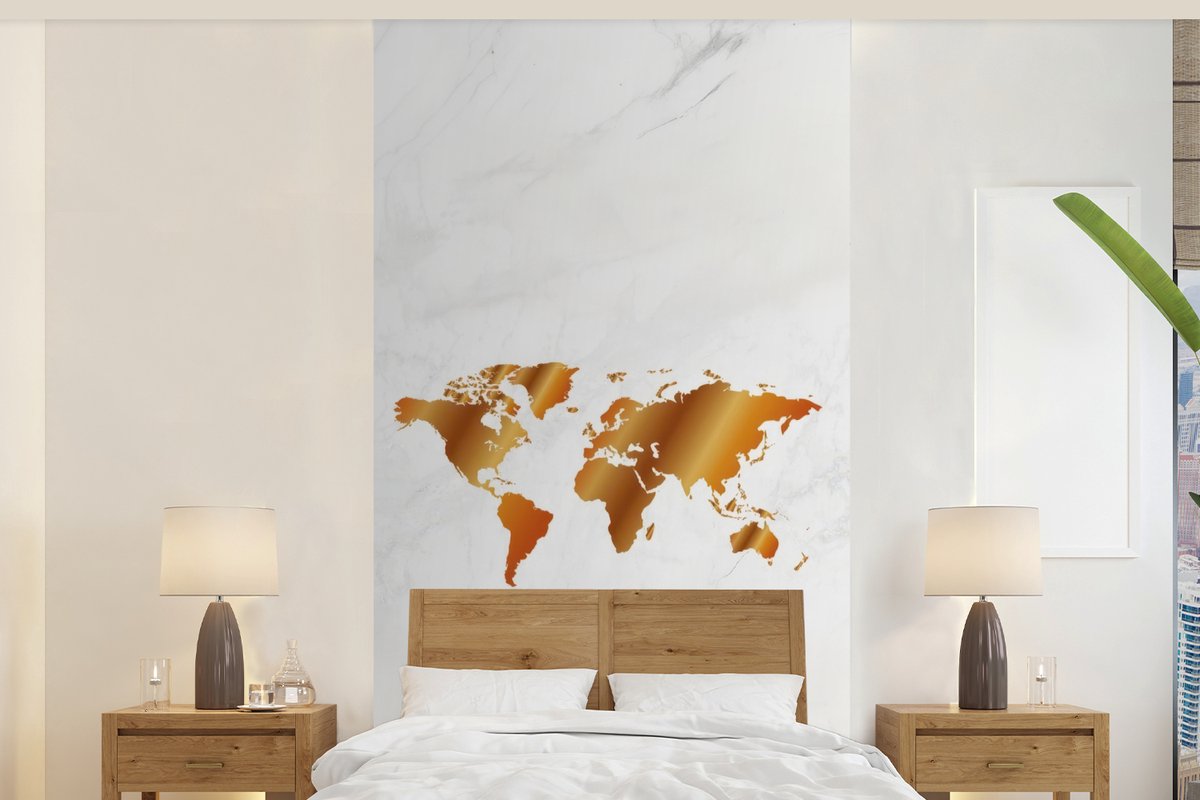 Behang - Fotobehang Wereldkaart - Marmer - Goud - Breedte 120 cm x hoogte 240 cm