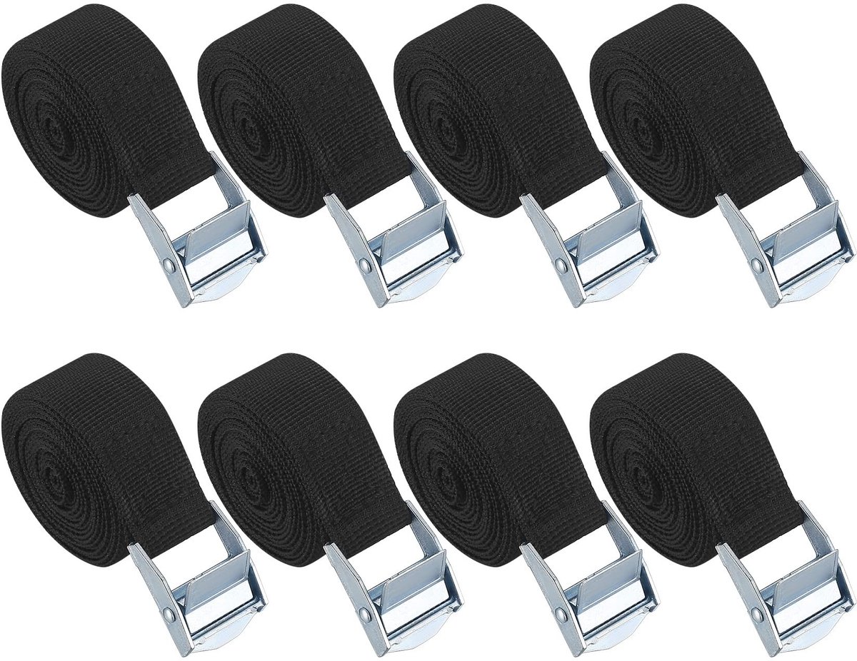 Dailygoods- Spanbanden 2 meter - 8 Stuks - Verstelbare Zwarte Beveiligingsriemen - Snelspanriemen met Klemmen - Duurzaam Polyester - Metalen Gespen - Sjorbanden