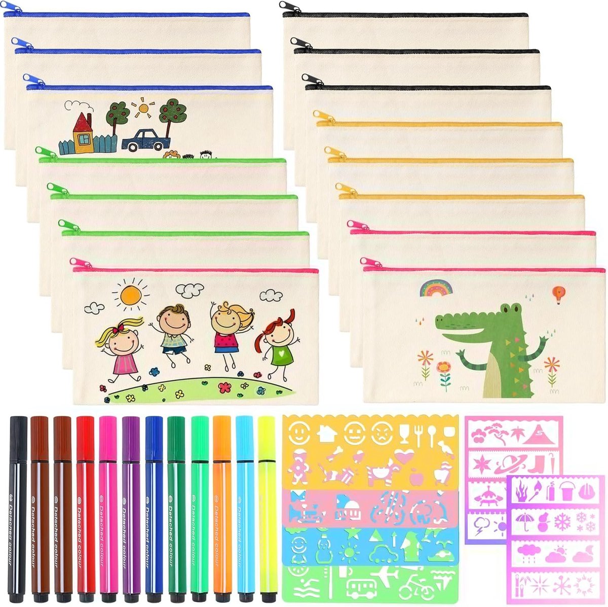 15 stuks DIY stoffen etui, canvas etui om te beschilderen, mapjes om te beschilderen, 12 kleurpotloden, 12 doe-het-zelf schildersjablonen, blanco stoffen tas voor cosmeticatas om te
