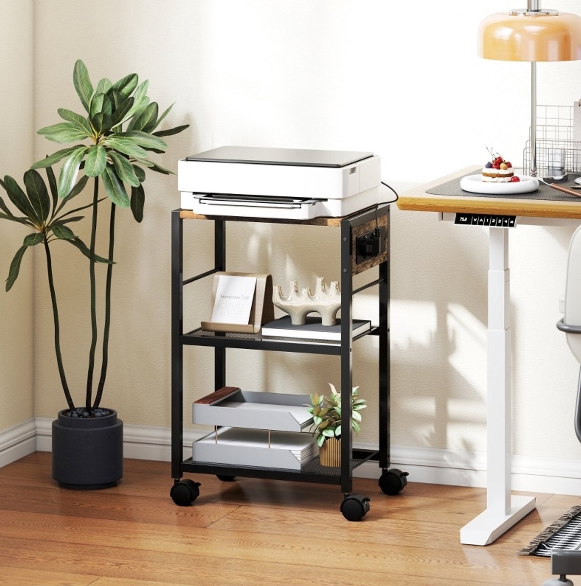 MEUNIQ printerstandaard met 3 niveaus, wielen, 2 stopcontacten, 2 USB en USB-C, 42 x 28 x 64,5 cm, printertafel voor thuiskantoor of woonkamer, bruin