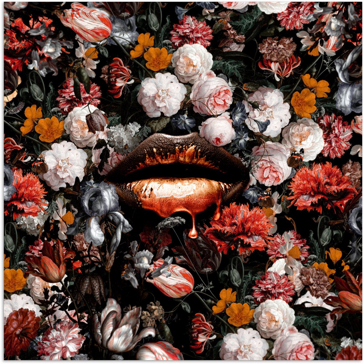 Poster 30x30 cm - Lippen - Bloemen - Verf - Oranje - Kunst - Abstract - Oude meesters - Po