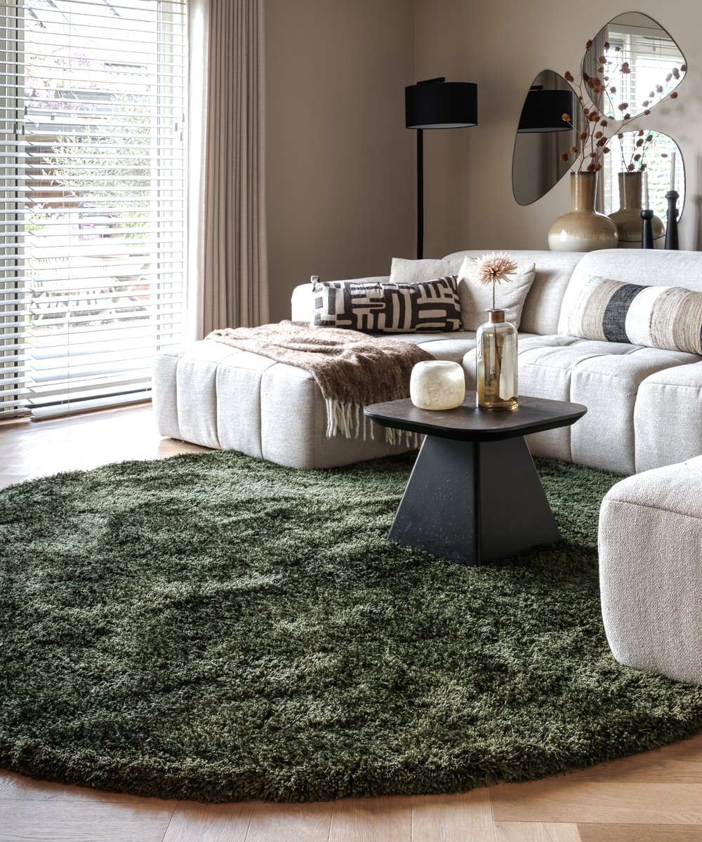 Tapeso Shaggy vloerkleed rond - Meadow olijfgroen 300