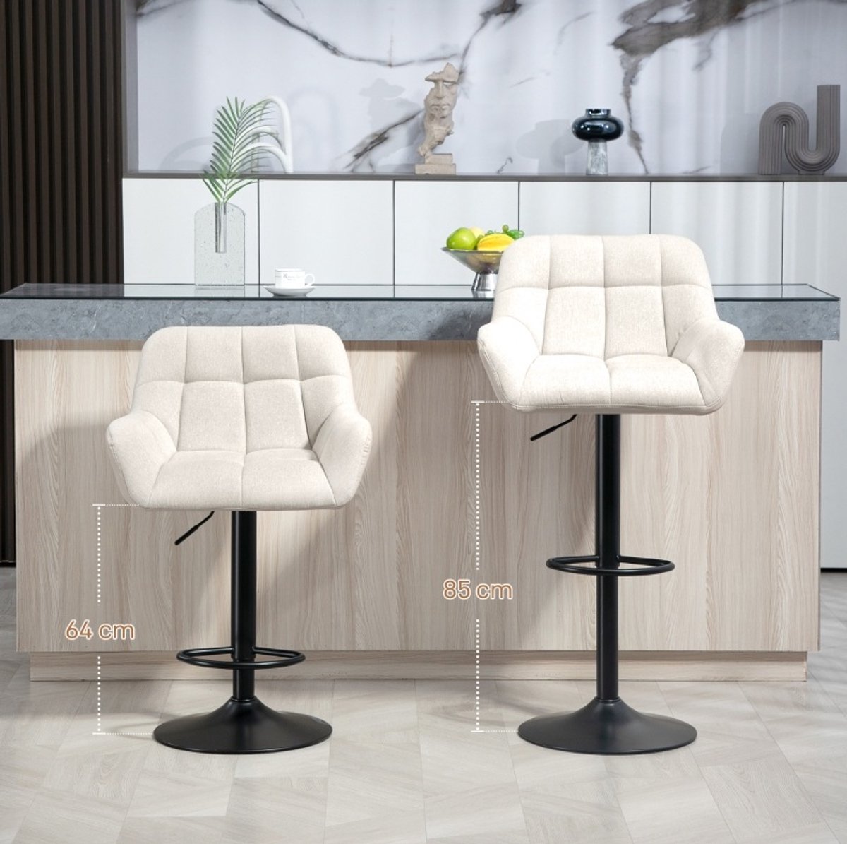MEUNIQ Barkrukken set van 2 hoogte verstelbaar 64-85 cm 360° draaibaar met rugleuning en armleuningen kunstleer in linnenlook crème zwart Crèmewit