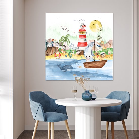 Poster kinderen - Wanddecoratie jongens - Strand - Dieren - Kinderen - Vuurtoren - Poster kinderkamer - 100x100 cm - Decoratie kinderkamers - Kinderkamer decoratie - Poster Babykamer — afbeelding 3