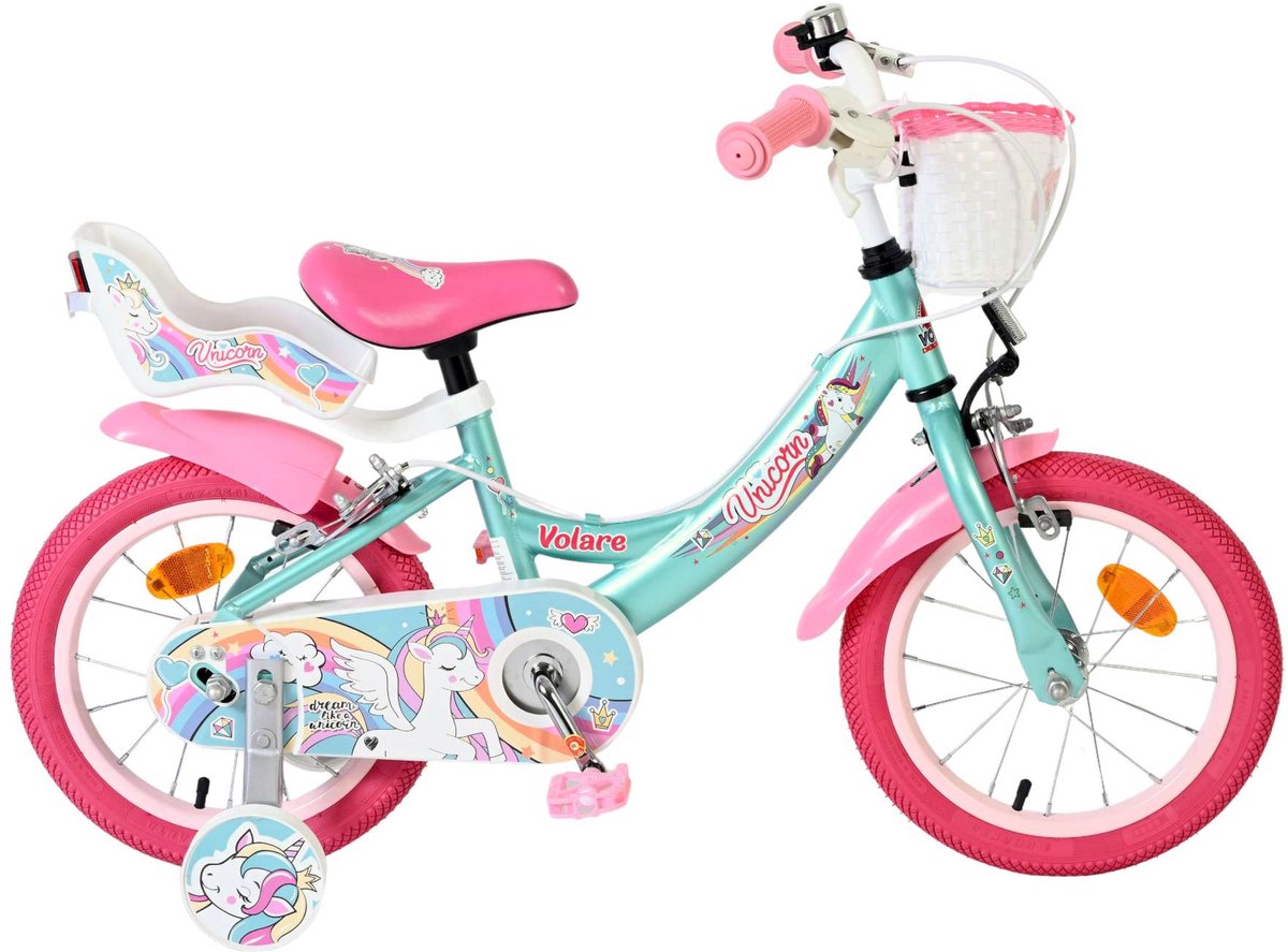 Volare Unicorn Kinderfiets - Meisjes - 14 inch - Groen - Twee Handremmen