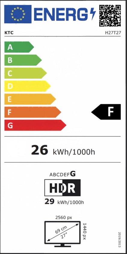 Energielabel F voor de KTC H27T27 monitor, met een energieverbruik van 26 kWh/1000h.