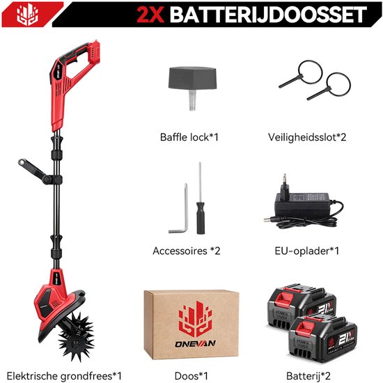 ONEVAN Accu Tuinfrezen - Elektrische Grondfrees - 900 tpm - Elektrische Motorhak - met 2 Accu's - 24 cm werkbreedte - 17 cm werkdiepte van ONEVAN — afbeelding 2