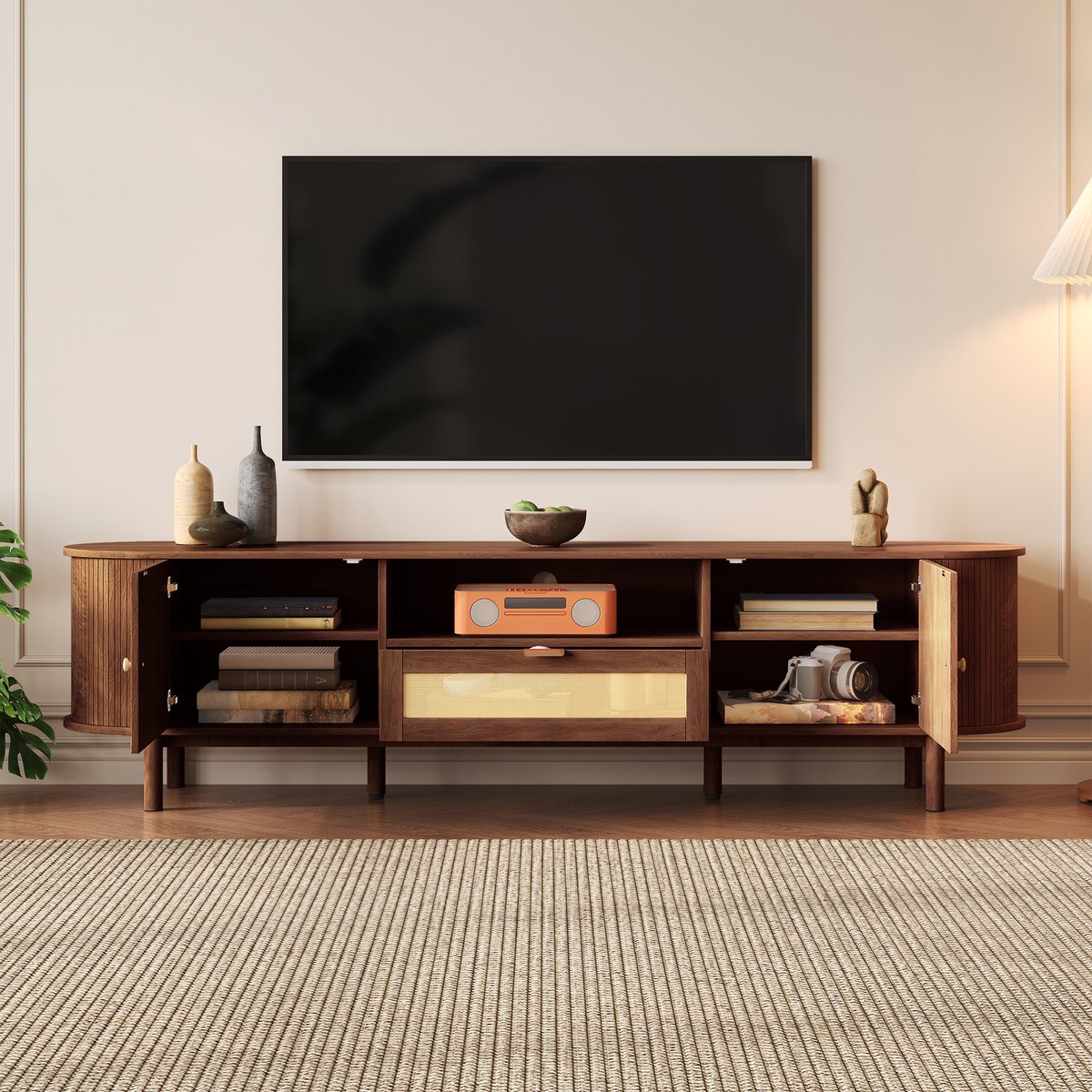 REDOM - TV-meubel - Gebogen ontwerp - Dubbele deuren en open vakken - Laden met uittreksysteem - Moderne minimalistische stijl - Woonkamer - MDF - Walnoot - 175 x 36 x 51 cm